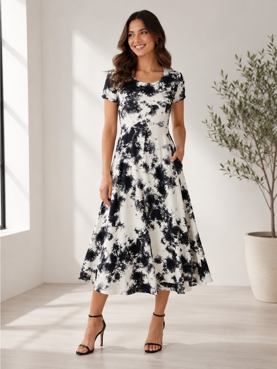 RAGA Dresses & Skirts - Raga Size S Black White Midi Dress Tie dye Coastal Urban Airy Effortless Revolve